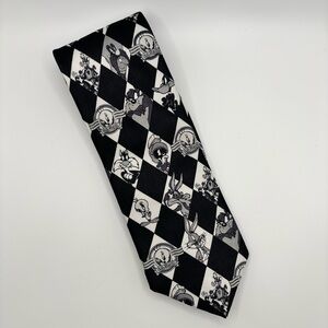 Vintage Looney Tunes Black White Checkered Stamp Tie Tweety Sylvester Bugs Bunny
